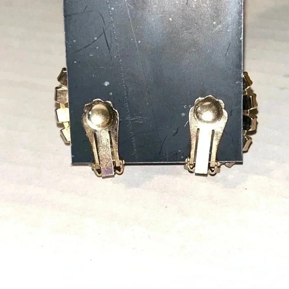 Vtg Smoky Quartz Pink Crystal Rhinestone Earrings Glass Goldtone Oval Clip On - Picture 3 of 10